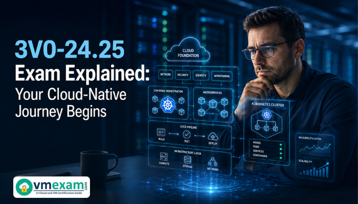 An adult man, a cloud architect, studying a holographic diagram of VMware Cloud Foundation and Kubernetes for the 3V0-24.25 exam. Represents the start of a cloud-native professional journey.