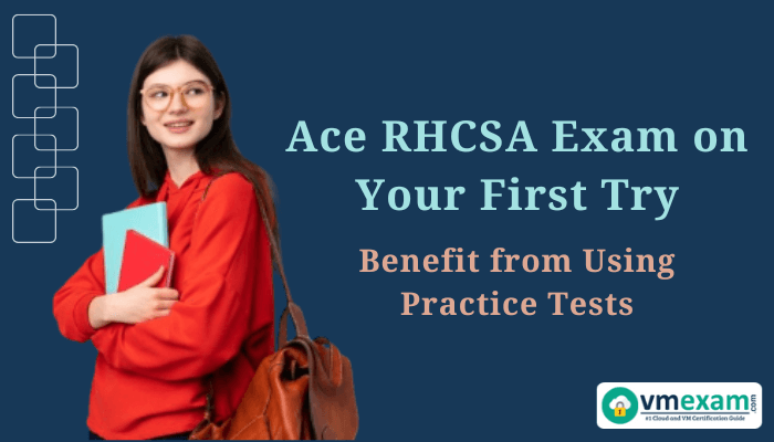 Smiling woman holding books with text: Ace RHCSA Exam on Your First Try - Benefit from Using Practice Tests