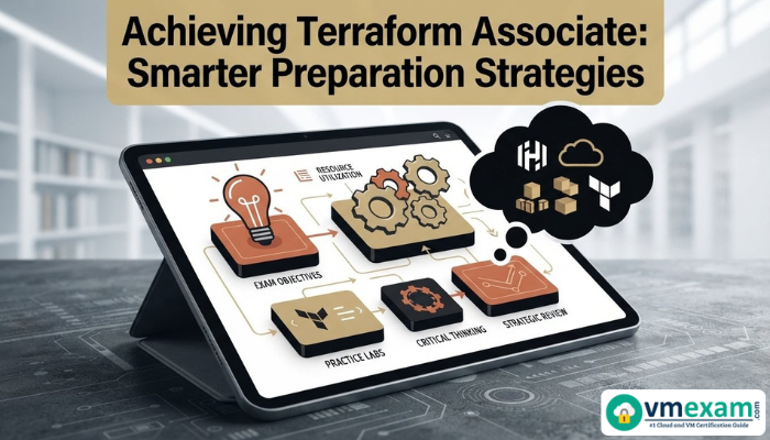 A conceptual image featuring an open digital study guide with elements like a lightbulb and gears, representing smart preparation strategies for the HashiCorp Certified Terraform Associate exam.