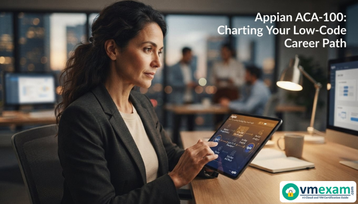 An adult woman, an aspiring Appian ACA-100 Certified Analyst, reviews a digital career roadmap on a tablet, symbolizing career planning and growth in low-code development.