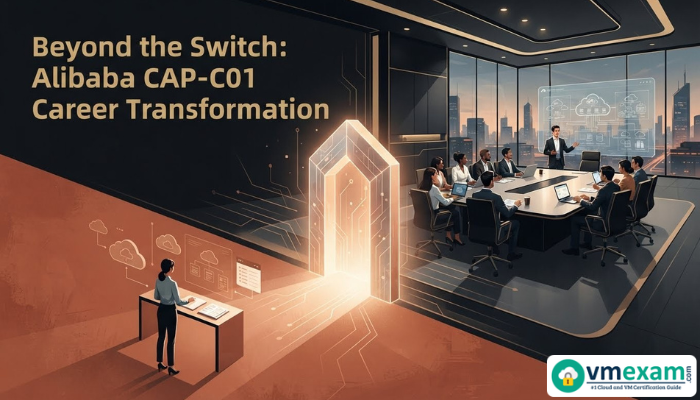 A dynamic visual depicting a career transformation path, illustrating progression from a base role to a leadership position as an Alibaba Cloud Professional Cloud Architect after CAP-C01 certification.