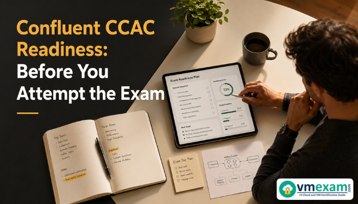 A professional adult man evaluating a digital study planner with a thoughtful expression, highlighting strategic preparation and readiness for the Confluent Cloud Certified Operator (CCAC) exam.