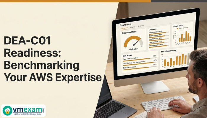 A professional reviewing a digital dashboard displaying progress and readiness metrics for the AWS Certified Data Engineer - Associate (DEA-C01) exam preparation.