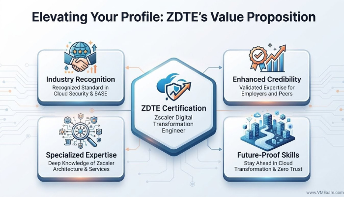 An infographic titled "Elevating Your Profile: ZDTE's Value Proposition" uses layered blocks to show professional recognition, enhanced credibility, and future-proof skills as key benefits of ZDTE certification.