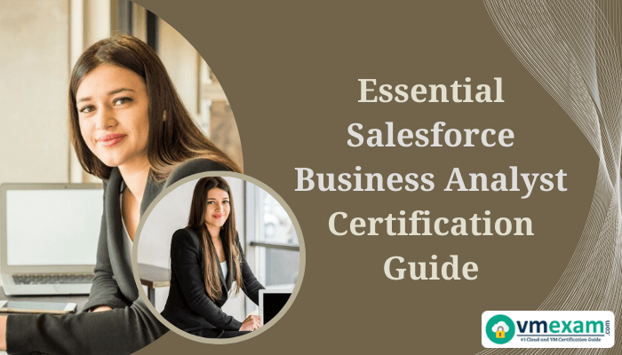 Two women working at desks with laptops, text reads "Essential Salesforce Business Analyst Certification Guide," vmexam logo in the bottom right.