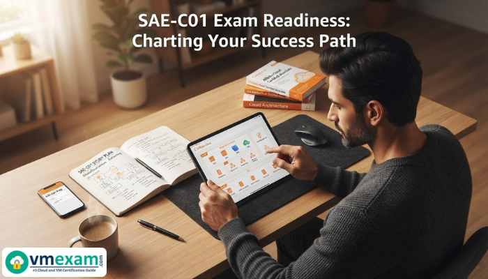 A man meticulously plans his study strategy on a clean desk with a tablet and notes, symbolizing focused preparation for the Alibaba SAE-C01 exam.