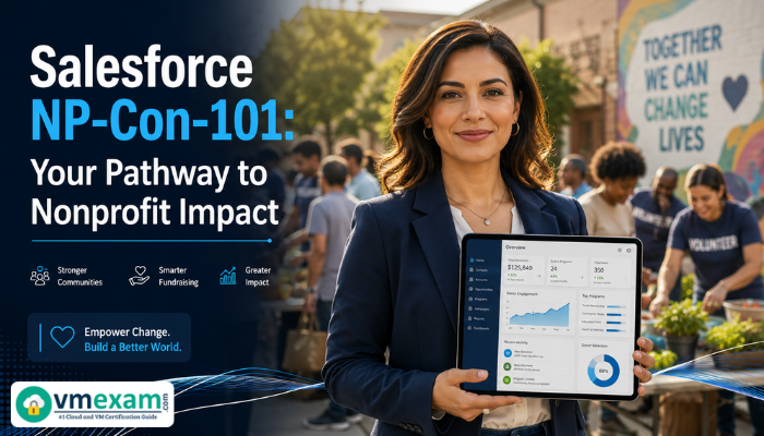 An adult woman, a Salesforce NPSP consultant, confidently stands before a community scene, holding a tablet displaying a Salesforce NPSP interface, representing the impact of the NP-Con-101 certification.