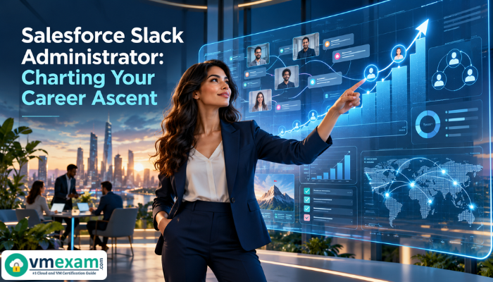 A professional woman looking at a holographic display of interconnected Slack and Salesforce data, symbolizing career growth for a Salesforce Certified Slack Administrator.