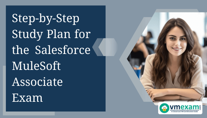 Educational advertisement for Salesforce MuleSoft Associate Exam preparation guide, featuring a female student smiling.