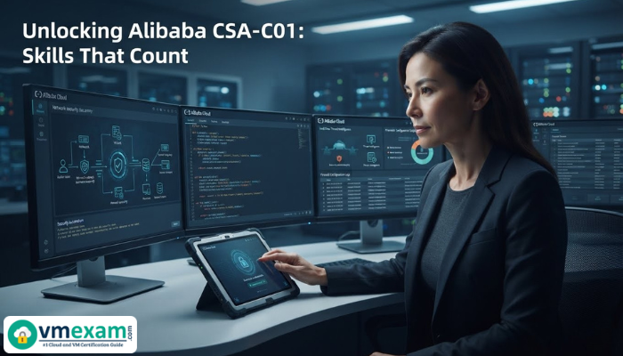 A professional woman, a certified Alibaba Cloud Security Engineer, thoughtfully reviews complex network security configurations on multiple screens, symbolizing expertise gained from the CSA-C01. The image highlights the application of cloud security skills in a sophisticated data center environment.