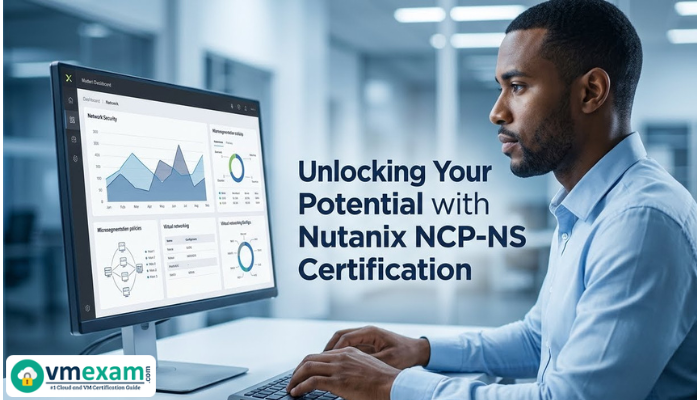 An adult man professionally working on a computer, with complex network and security dashboards on screen, symbolizing the skills validated by the Nutanix NCP-NS certification.