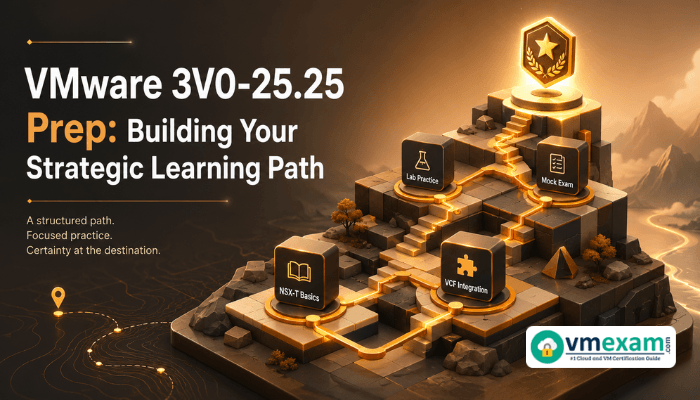 An isometric 3D illustration shows a structured learning path with interconnected blocks representing study modules like NSX-T basics and lab practice, culminating in a VMware 3V0-25.25 certification badge.