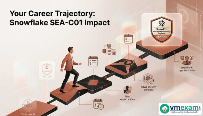 A digital illustration of an upward career trajectory with the Snowflake SEA-C01 certification badge marking a key advancement, symbolizing professional growth and new opportunities.