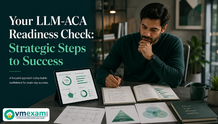 An adult man at a minimalist desk reviews a digital progress dashboard and physical notes, symbolizing readiness and strategic planning for the LLM-ACA exam. The professional image uses an emerald and slate color scheme.