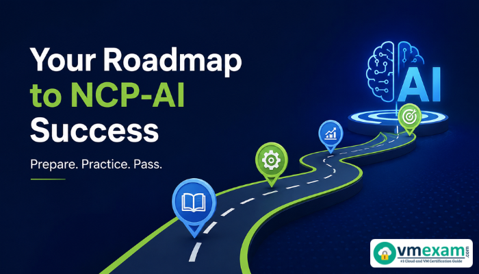 simple feature image showing an AI infrastructure certification roadmap with a cloud platform, AI chip, and exam checklist, representing Nutanix NCP-AI preparation and career growth.