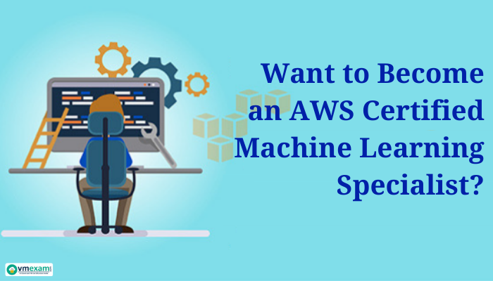 Man working on laptop and MLS-C01 Machine Learning Specialty text in right side.
